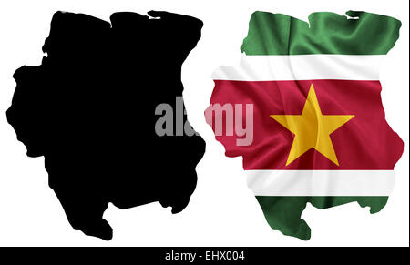 Suriname - Waving national flag on map contour with silk texture Stock Photo