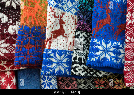 Scarves and fabric with embroidery national symbols Latvia. Riga, Baltic Stock Photo
