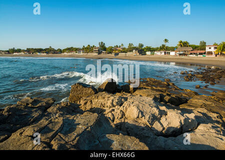 Poneloya Beach, a popular little Pacific Coast surf resort,  west of the northern city of Leon; Poneloya, Leon, Nicaragua. Stock Photo