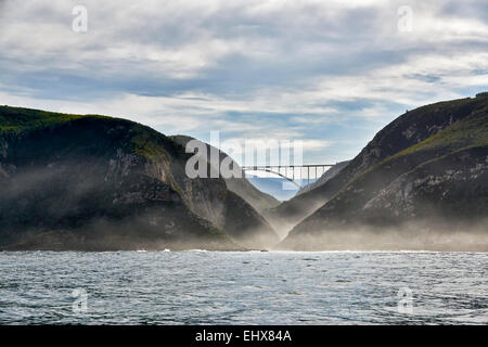 Bloukrans Bridge from seaside with Bloukrans River Mouth, famous for  the world's highest commercial bridge bungy, Eastern Cape Stock Photo