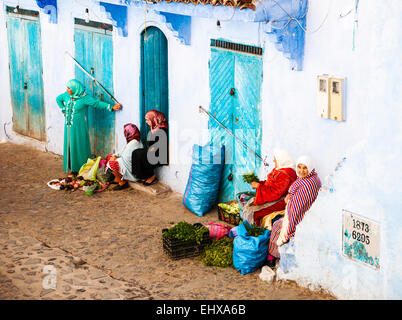 Traditional street market in Chefchaouen, Morocco Stock Photo