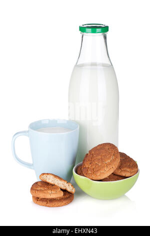 Cup, bottle of milk and bowl with cookies. Isolated on white background Stock Photo