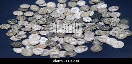 A hoard of 162 ancient silver Roman coins dating from the 3rd century AD, unearthed as a archaeological treasure in Buren, the Netherlands. Stock Photo