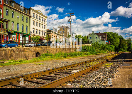 Railroad tracks and buildings on Main Street in Phillipsburg, New Jersey. Stock Photo