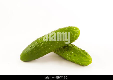 Two green fresh small cucumbers isolated on white background Stock Photo