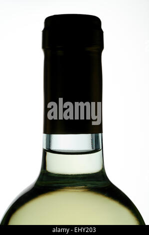 White wine bottle closeup backlit  with black capsule