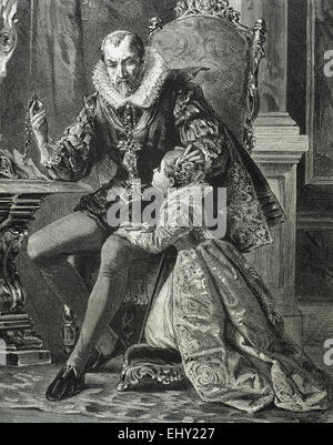 Philip II of Spain (1527-1598). House of Habsburg. King with his son. Engraving. 19th century. Stock Photo