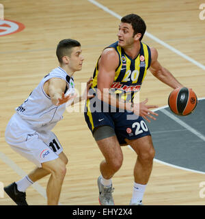 LUBIN, POLAND - OCTOBER 24, 2014: Michael Gospodarek (11) and Can Altintig (20) in action during the Euroleague basketball match Stock Photo