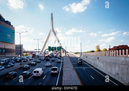 Rush hour traffic on Zakim Bridge, in Boston, Massachusetts. Stock Photo