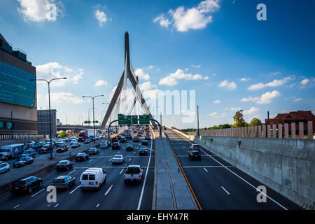 Rush hour traffic on Zakim Bridge, in Boston, Massachusetts. Stock Photo