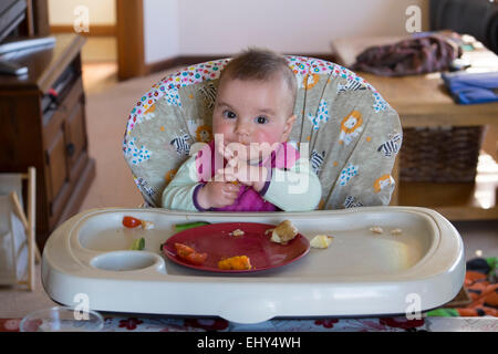 8 month old baby girl eating food in high chair Stock Photo