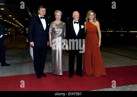 Copenhagen, Denmark. 18th March, 2015. Dutch King Willem-Alexander (left) and Queen Máxima (right) are posing for photographers with Danish Princess Benedikte and Prince Richard at the Black Diamond in Copenhagen, where the royal Dutch couple are hosting their return arrangement Credit:  OJPHOTOS/Alamy Live News Stock Photo