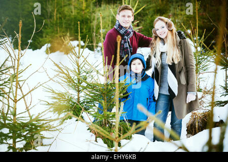 Family searching for the perfect Christmas tree Stock Photo