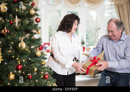 Senior couple looking at Christmas present Stock Photo