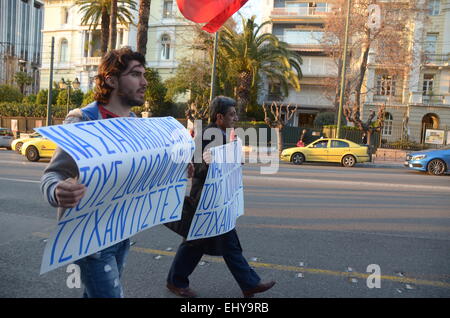 Athens, Greece. 18th Mar, 2015. Demonstrators pass through the streets of Athens.Kurdish immigrants that live in Greece organised a demonstration outside the office of E.U. in Athens in support of the struggle of their people against ISIS militants. Credit:  George Panagakis/Pacific Press/Alamy Live News Stock Photo