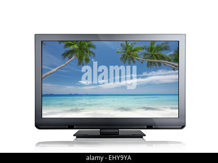 close up view of nice black tv on white back Stock Photo