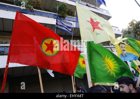 Athens, Greece. 18th Mar, 2015. Vrious Kurdish flags flit outside the EU offices in Athens. Kurdish people in Athens marched to the EU offices in Athens, protesting in support of the Kurdish people in Syria, and called for the Turkish president Erdo?an to support them against the Islamic State. © Michael Debets/Pacific Press/Alamy Live News Stock Photo