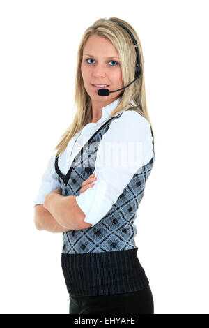Beautiful blond business woman with headset. Stock Photo
