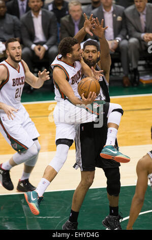 Milwaukee, Wisconsin, USA. 18th Mar, 2015. Milwaukee Bucks guard Michael Carter-Williams #5 goes up for a shot during the NBA game between the San Antonio Spurs and the Milwaukee Bucks at the BMO Harris Bradley Center in Milwaukee, WI. Spurs defeated the Bucks 114-103. John Fisher/CSM/Alamy Live News Stock Photo