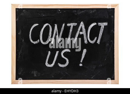 Contact Us text written on blackboard isolated on white background. Stock Photo