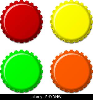 Colored Bottle Caps Set On White Background. Green, Red, White