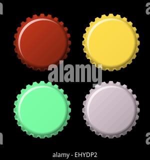 Set of bottle caps in colors isolated on black  background, vector illustration Stock Vector