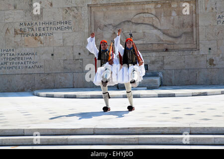 Two Evzones guarding the Hellenic Parliament in Athens, Greece. Stock Photo