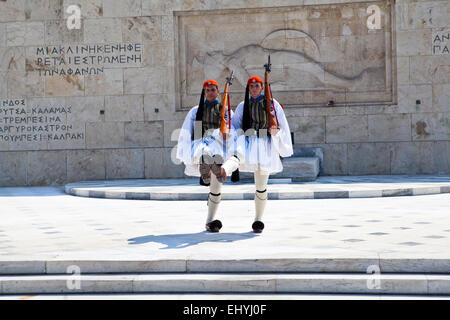 Two Evzones guarding the Hellenic Parliament in Athens, Greece. Stock Photo