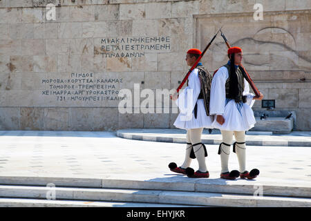 Two Evzones guarding the Hellenic Parliament in Athens, Greece. Stock Photo