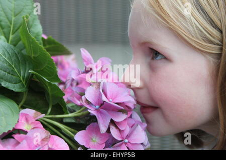Girl smelling fresh flowers growing in a garden Stock Photo