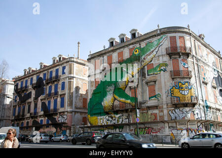 Large Graffiti Murals on Abandoned Buildings on Av. Fontes Perreira de Melo -  Lisbon Portugal Stock Photo