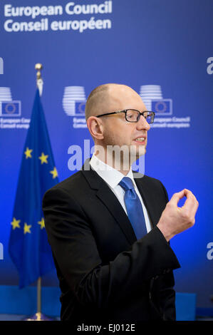 Brussels, Bxl, Belgium. 19th Mar, 2015. Ukraine Prime Minister Arseniy Yatsenyuk talks to the press ahead of the EU Summit in Brussels, Belgium on 19.03.2015. Credit:  ZUMA Press, Inc./Alamy Live News Stock Photo