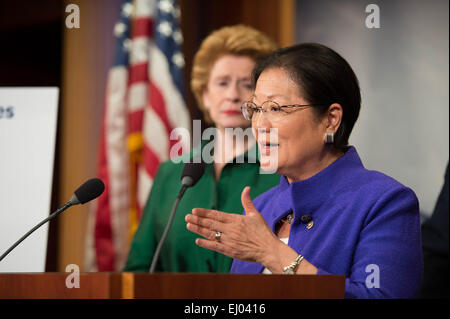 Democratic Senator Mazie Hirono speaks during a press conference on the delayed confirmation of Attorney General nominee Loretta Lynch by Senate Republicans on Capitol Hill March 18, 2015 in Washington, DC. Stock Photo