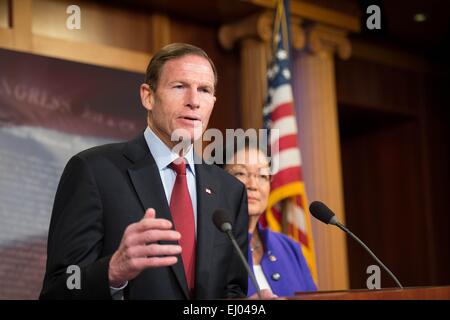 Democratic Senator Richard Blumenthal speaks during a press conference on the delayed confirmation of Attorney General nominee Loretta Lynch by Senate Republicans as Senate Mazie Hirono looks on March 18, 2015 in Washington, DC. Stock Photo