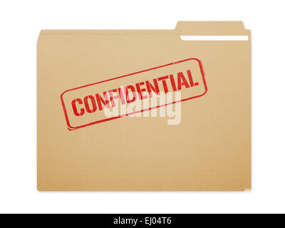 Confidential brown folder file with paper showing with a lot of copy space. Isolated on a white background with clipping path. Stock Photo