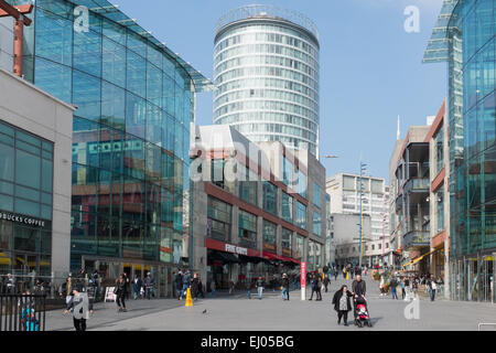 Bull Ring Shopping Centre in Birmingham with The Rotunda in the background Stock Photo