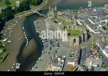 Aerial, Caernarfon Castle, Gwynedd;,North Wales Stock Photo