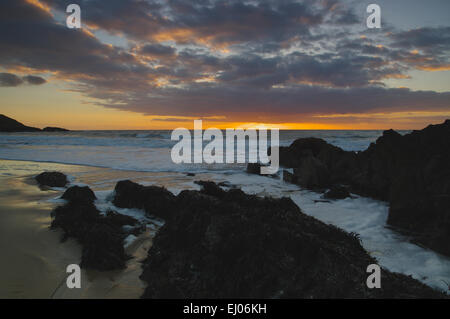 Sunset Porth Oer beach, Whistling Sands, Lleyn Peninsula Stock Photo