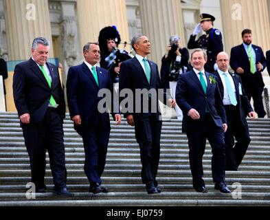 From left to right: United States Representative Peter King (Republican of New York), U.S. President Barack Obama, Speaker of the U.S. House John Boehner (Republican of Ohio), and Prime Minister Enda Kenny of Ireland, descend the U.S. Capitol House steps after a St. Patrick's Day lunch in Washington, DC on March 17, 2015. Credit: Dennis Brack/Pool via CNP Stock Photo