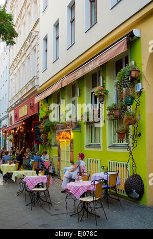Restaurant terraces, Bergmannstrasse street, Kreuzberg, west Berlin, Germany Stock Photo