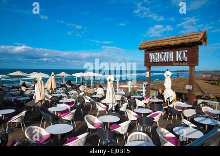 Cafe terrace, Miami Beach, Ain Diab, resort, Casablanca, Morocco, northern Africa Stock Photo