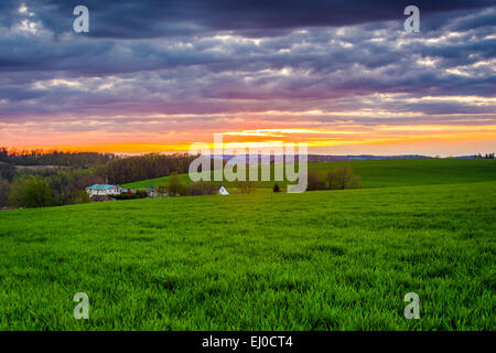 Sunset over farm fields in rural York County, Pennsylvania. Stock Photo