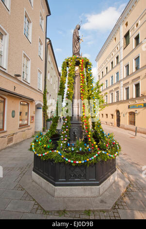 Europe, Germany, Bavaria, Upper Bavaria, Berchtesgaden country, Teisendorf, Marktstrasse, Easter, Easter well, well, water, Easte Stock Photo