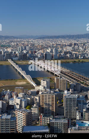 Japan, Asia, Juso, District, Kansai, Landscape, Osaka, City, Station, Umeda, Yodogawa, river, architecture, autumn, bridges, fall Stock Photo