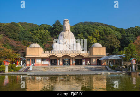 Japan, Asia, Kyoto, Landscape, Ryozen Kannon, Temple, architecture, big, Buddha, colourful, fall, memorial, no people, pond, refl Stock Photo