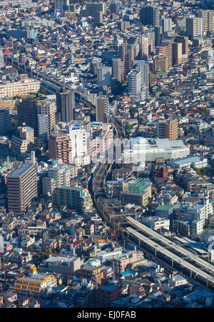 Japan, Asia, Kanto, Keisei Oshiage, Tokyo, City, aerial, fall, railroad, train, transport, urban Stock Photo