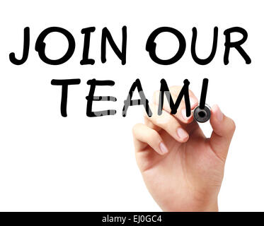 Hand writing Join our team with black marker on transparent wipe board. Stock Photo