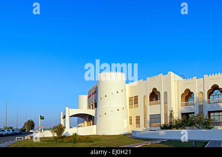 Asia, United Arab Emirates, UAE, Abu Dhabi, Mezaira'a, Mezaira, Liwa, oasis, hotel, entrance, tourism, hotel, plants, traditional Stock Photo