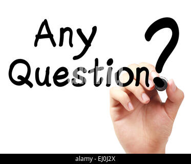 Hand writing Any Question with black marker on transparent wipe board. Stock Photo