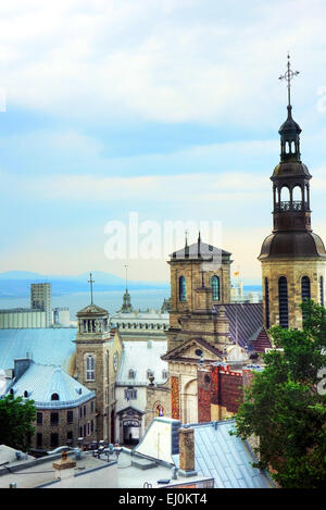 Beautiful historical Quebec city, Canada, cityscape with church and old building over the water Stock Photo
